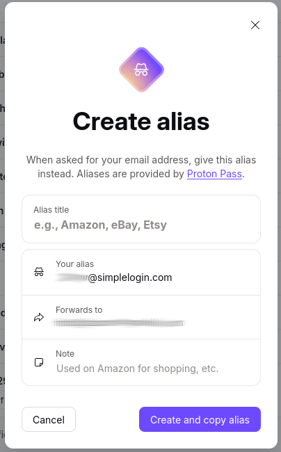 Screenshot of the Proton UI to add read-only email aliases